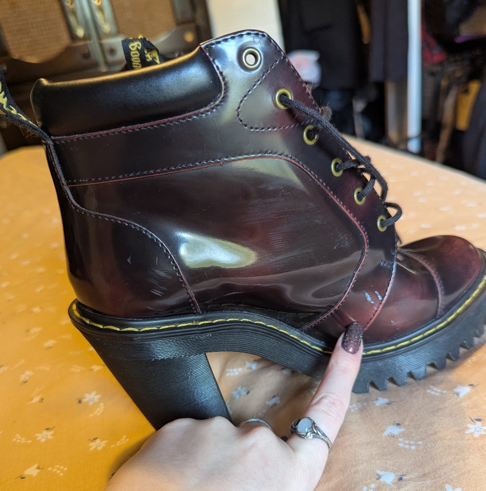 Dr. Martens Women's Burgundy Patent Leather Platform Ankle Boots - Picture 8 of 12